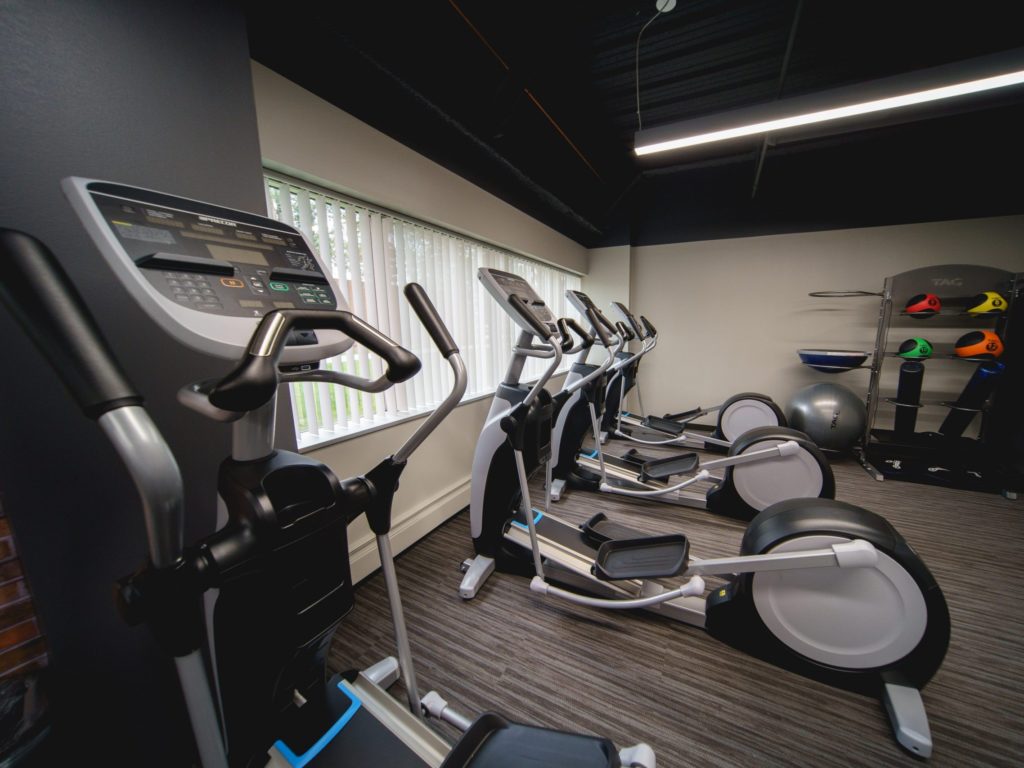 Fitness equipment in an office gym.