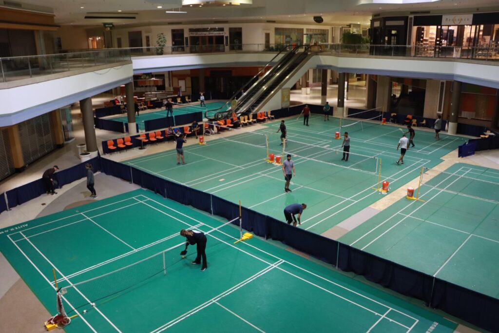 Badminton and pickleball courts inside the Chesterfield Mall in Missouri.
